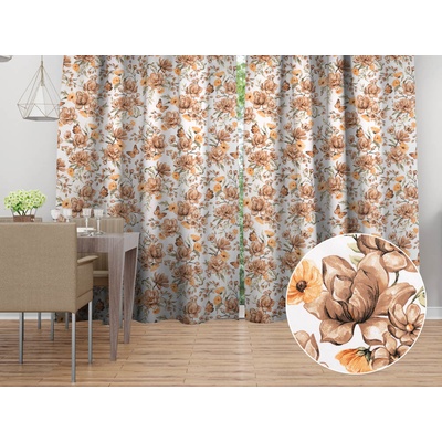 Biante Bavlněný závěs Sandra SA-458 Hnědé květy magnolie s motýlky na bílém 150x260 cm
