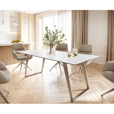DELIFE Jídelní stůl Edge 300x100 cm keramika Laminam® Statuarettio bílá široká podnož nerezová ocel