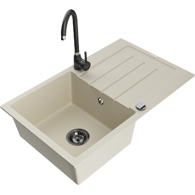 Mexen Bruno гранитна мивка с 1 камера със сушилник и кухненска батерия Telma, бежова - 6513-69-670200-70 (6513-69-670200-70)