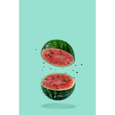 Plakát, Obraz - Watermelon sliced flying on pastel green, Amax Photo, 26.7 × 40 cm