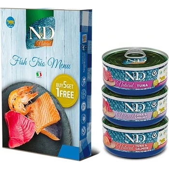 Farmina N&D Natural FISH TRIO MENU - Мокра допълваща храна за котки в зряла възраст 3 вида: с риба тон, с риба тон и сьомга, с риба тон и скариди, консерва, 70 гр