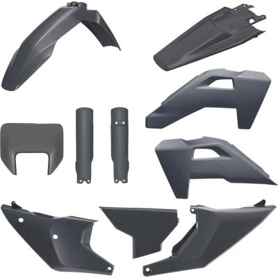 POLISPORT kompletní sada plastů (FULL KIT) HUSQVARNA TE/FE 26 v sadě kryt předního světla (8681500002) a kryty tlumičů (8352500002) barva šedá (N-šedá)