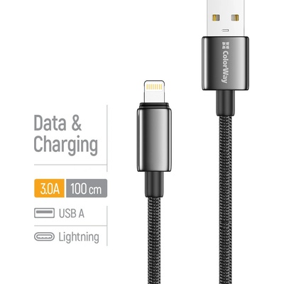 ColorWay CW-CBUL098-BK USB-A – Apple Lightning (zinková zliatina, nylonové opletenie) 3A 1m černý