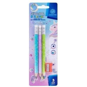 Astra Комплект молив за учене на писане, jumbo astra - ЕДНОРОГ, 3 бр. блистер + острилка (as206023902)
