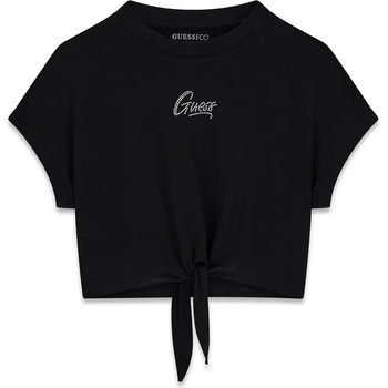 GUESS Къса черна тениска за момиче с възел и надпис Guess от кристали