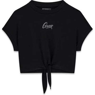 GUESS Къса черна тениска за момиче с възел и надпис Guess от кристали