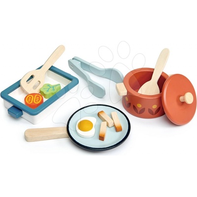 Tender Leaf Toys Pots and pans drevený riad s panvicou s varechou a potravinami