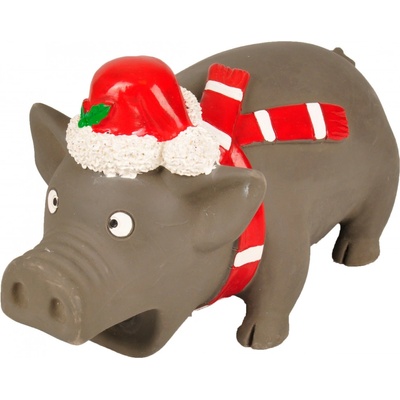 Flamingo Vánoční prase latexové s čepicí pro psy 21 cm