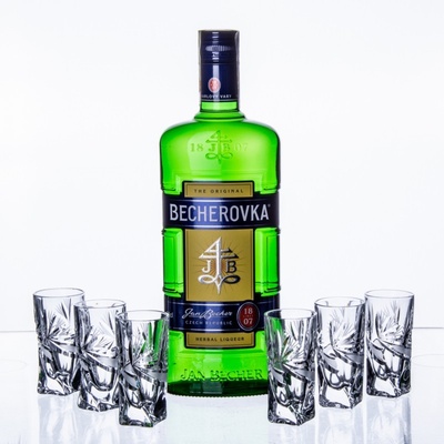 Becherovka 0,7 l (dárkové balení mašle + 6 sklenice)