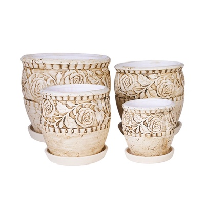 Елеганц Комплект от 4 керамични саксии tribale grey, Керамика, Ф18, Ф15, Ф12, Ф9 см, беж (18419-2)