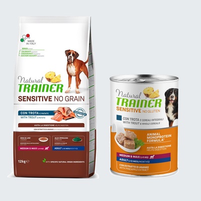 Natural Trainer Sensitive No Grain Adult Medium & Maxi Single Protein s pstruhem a bramborami 12 kg
