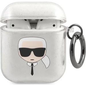 Karl Lagerfeld KLA2UKHGS калъф за AirPods, сребрист Glitter, глава на Карл (KLA2UKHGS)