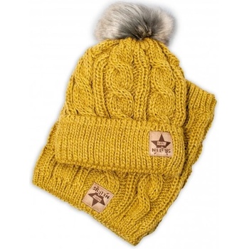 Baby Nellys Zimná pletená čiapka s brmbolcom + komín horčica