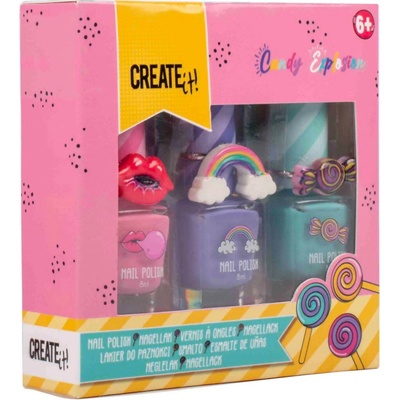 Create It! Candy Explosion sada laků na nehty a prstýnků 3 ks + 3 ks