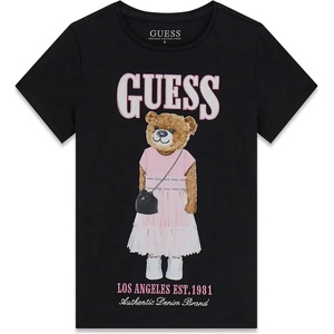 GUESS Черна тениска за момиче с голямо цветно мече отпред и сребрист надпис Guess
