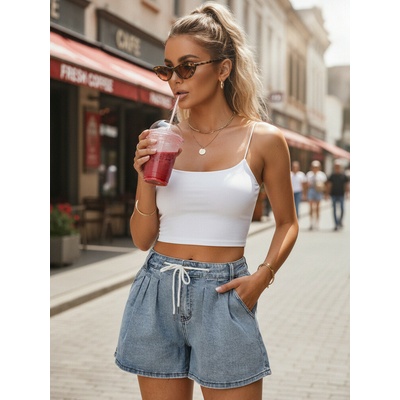 FashionStreet SY0552 dámské džínové šortky s vázáním v pase modré