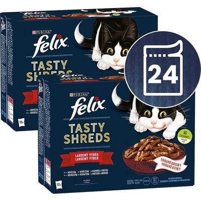Felix Tasty Shreds hovädzie kura kačica morka v šťave 24 x 80 g