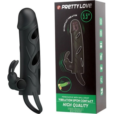 Pretty Love Penis Sleeve With Ball Strap Black - vibrační návlek na penis