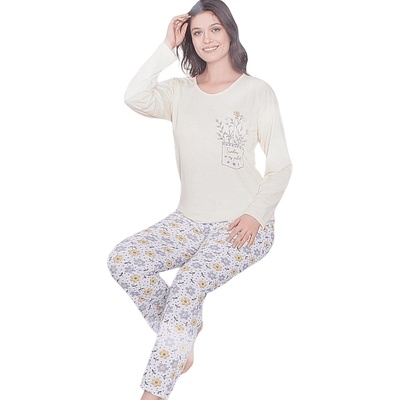 Дамска макси пижама в жълто и бяло с цветя