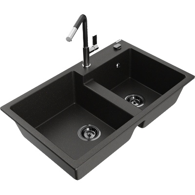Mexen Tomas гранитна кухненска мивка с 2 отделения и кухненски смесител Flora, черен/златист металик - 6516-75-670401-07-B (6516-75-670401-07-B)
