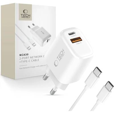 Tech-Protect NCA30 мрежово зарядно с 2 порта PD 30W / QC3.0 + Type-C кабел бял (5906302318629)