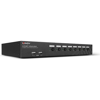 LINDY KVM превключвател HDMI, USB 2.0, аудио, RS232, 4K60Hz, 8 порта, вграден USB HUB с 2 порта, черен 39538 (39538)