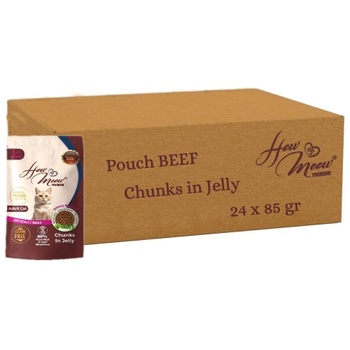 HERMOS How Meow Pouch Adult Cat Food with Beef - Пълоценна храна за пораснали котки, паучове с говеждо в желе 85 гр х 24 броя в стек, Турция