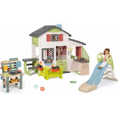 Smoby Set domeček Přátel s předzahrádkou a skluzavka 1,5 m s vodotryskem Friends House Life rozšiřitelný a kuchyňka pro zahradníky s nádrží na vodu