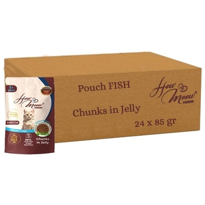 HERMOS How Meow Pouch Adult Cat Food with Fish - Пълоценна храна за пораснали котки, паучове с риба в желе 85 гр х 24 броя в стек, Турция