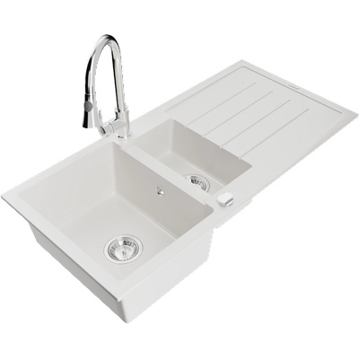 Mexen Andres гранитна мивка 1, 5-камерна с отцедник и кухненски смесител Elia, бял - 6515-20-670101-00 (6515-20-670101-00)