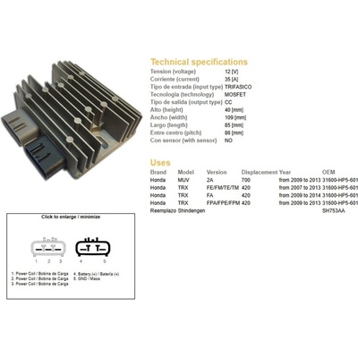 DZE regulátor napětí HONDA TRX 420FE/FM/TE/TM 07-14; MUV 700 09-13 (35A) (31600-HP5-601) (SH753AA) (ESR318)