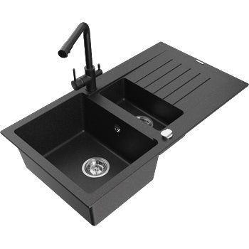 Mexen Matias гранитна мивка 1, 5-коморна с отцедник и кухненски смесител Duero, черен/сребрист металик- 6502-73-671600-70 (6502-73-671600-70)