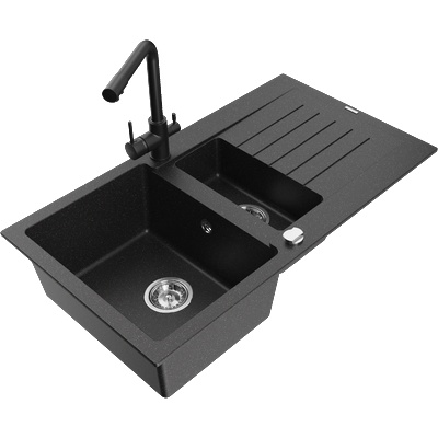 Mexen Matias гранитна мивка 1, 5-коморна с отцедник и кухненски смесител Duero, черен/сребрист металик- 6502-73-671600-70 (6502-73-671600-70)
