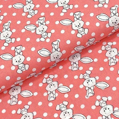 Bavlněné plátno P0651 růžové, bílý králíček a puntíky, š.140