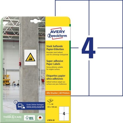 Etikety univerzálne 105x148mm Avery A4, silne lepivé 20 hárkov