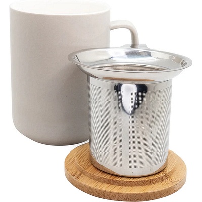Nerthus (Испания) Керамична чаша за чай Nerthus със стоманен филтър и бамбуков капак (375 мл) - сива (VB FIH 1568)