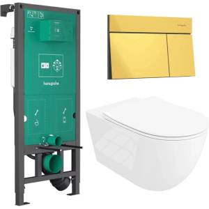Rune Казанче за вграждане Hansgrohe iFrame 112 см с бутон iFrame Element E, лъскаво злато, плюс бяла тоалетна чиния Rune Ivaldi Grande с капак softclose (01022180+66003990+5940541334477)