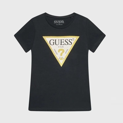 GUESS Черна блуза с къс ръкав за момиче с триъгълно лого в жълто Guess
