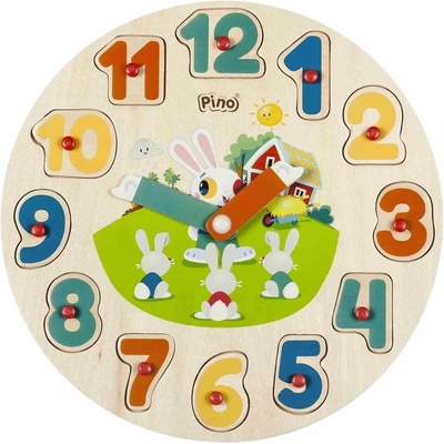 Pino Toys Дървен образователен пъзел Pino - Часовник и числа, зайчета (1745H1-1)