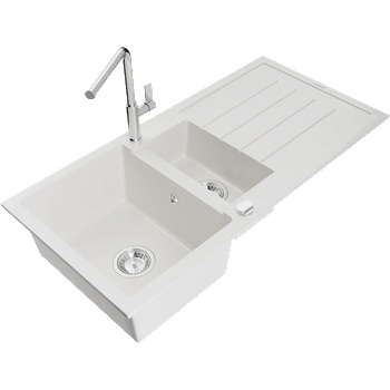 Mexen Andres гранитна мивка с 1, 5 камерно отделение, с капкоуловител и кухненски смесител Flora, бял - 6515-20-670401-00 (6515-20-670401-00)