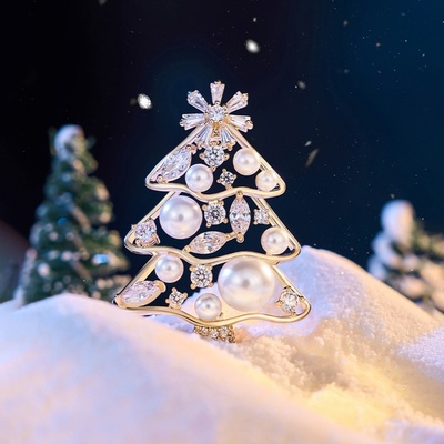 Éternelle vánoční perlová brož se zirkony Christmas Tree 11 vánoční stromeček B2347-LZQSXSP2 zlatá