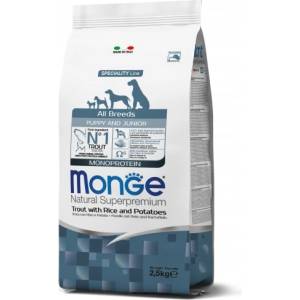 Monge Natural Superpremium All breeds Puppy and Junior Monoprotein Trout with Rice and Potatoes - пълноценна суха храна за подрастващи кученца от всички породи с пъстърва, ориз и картофи - 2, 5 кг, Италия -