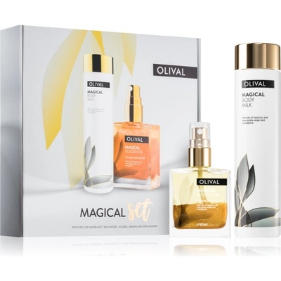 Olival Magical výživné tělové mléko 200 ml + multifunkční suchý olej se třpytkami na tvář, tělo a vlasy 50 ml dárková sada