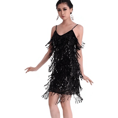 Блестяща рокля с ресни и пайети в стил от 1920-те години, черна