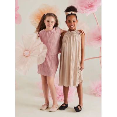 Guess Свободна рокля без ръкави за момиче в бежов цвят с глитери и лого Guess