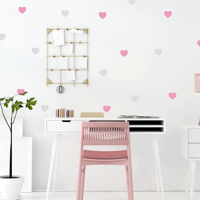 INSPIO Nálepka Sivé a ružové nálepky srdiečok pre dievča guličky a bodky, srdcia a púpavy sivá, ružová, plnofarebný motív rozmery 30x90