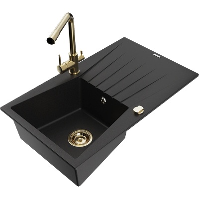 Mexen Cesar гранитна мивка с 1 отделение с отцедник и кухненска батерия Duero, черна - 6514-77-671600-50 (6514-77-671600-50)