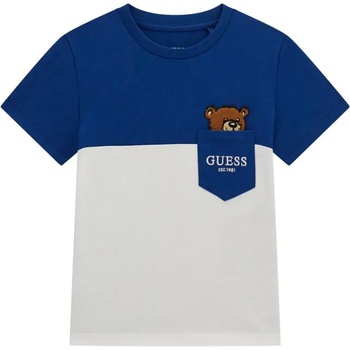 GUESS Двуцветна тениска за мини момче в синьо и бяло с джоб и сладко мече Guess