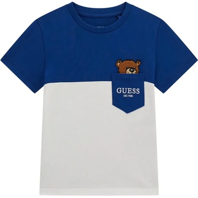 GUESS Двуцветна тениска за мини момче в синьо и бяло с джоб и сладко мече Guess