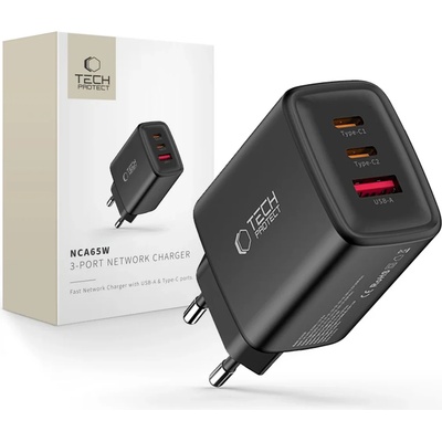 Tech-Protect nca65w-gan 3-портово мрежово зарядно pd 65w / qc3.0 черен (5906302336081)